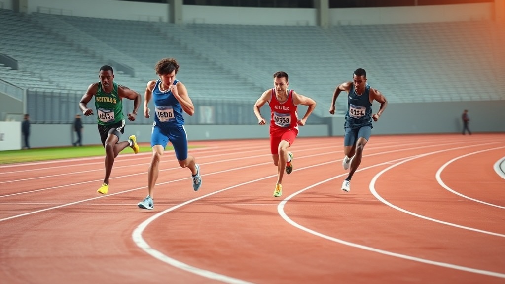 육상 트랙에서 바톤을 전달하는 릴레이 선수들